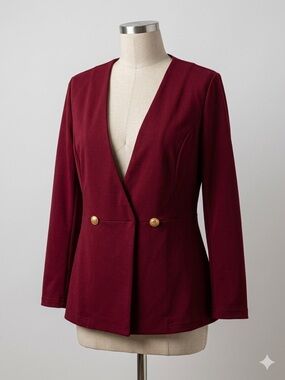 Burgundy Open Front Blazer with Gold Button Detail